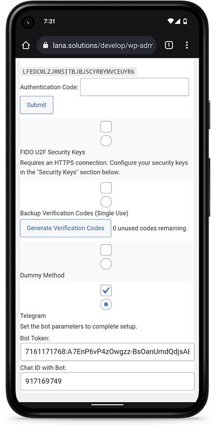 wp settings - mobile screenshot